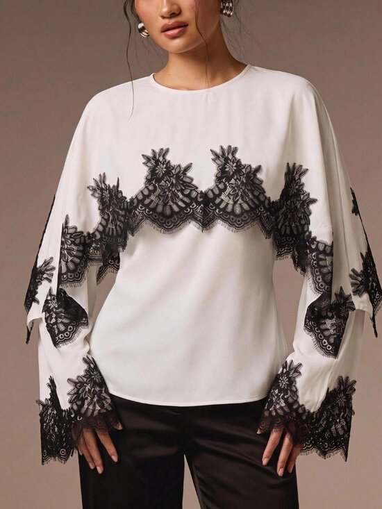 MODA ME COUTURE Tops - Black And White Elegant Women's Contrast Color Lace detailed Blouse